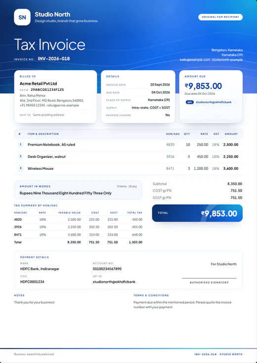 Azure Tide design: the same GST tax invoice with a blue wave header and card-style detail panels.