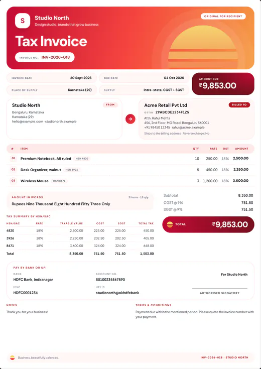 Coral Sunset design: the same GST tax invoice with a coral gradient header and a sunset motif.