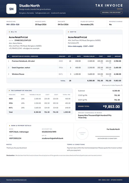 Executive design: the same GST tax invoice with a navy header, gold accents and CGST and SGST columns for each line.