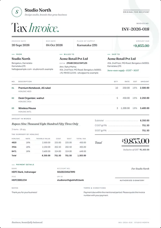 Folio design: a GST tax invoice from Studio North to Acme Retail Pvt Ltd for ₹9,853 with the CGST and SGST split, HSN/SAC tax summary, amount in words, and bank and UPI details.