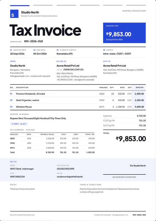 Linea design: the same GST tax invoice with a bold sans-serif title and a blue amount due panel.