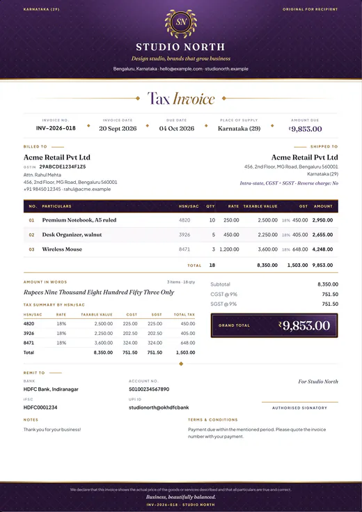 Violet Royale design: the same GST tax invoice with a deep violet header, gold crest monogram and a gold-trimmed grand total.