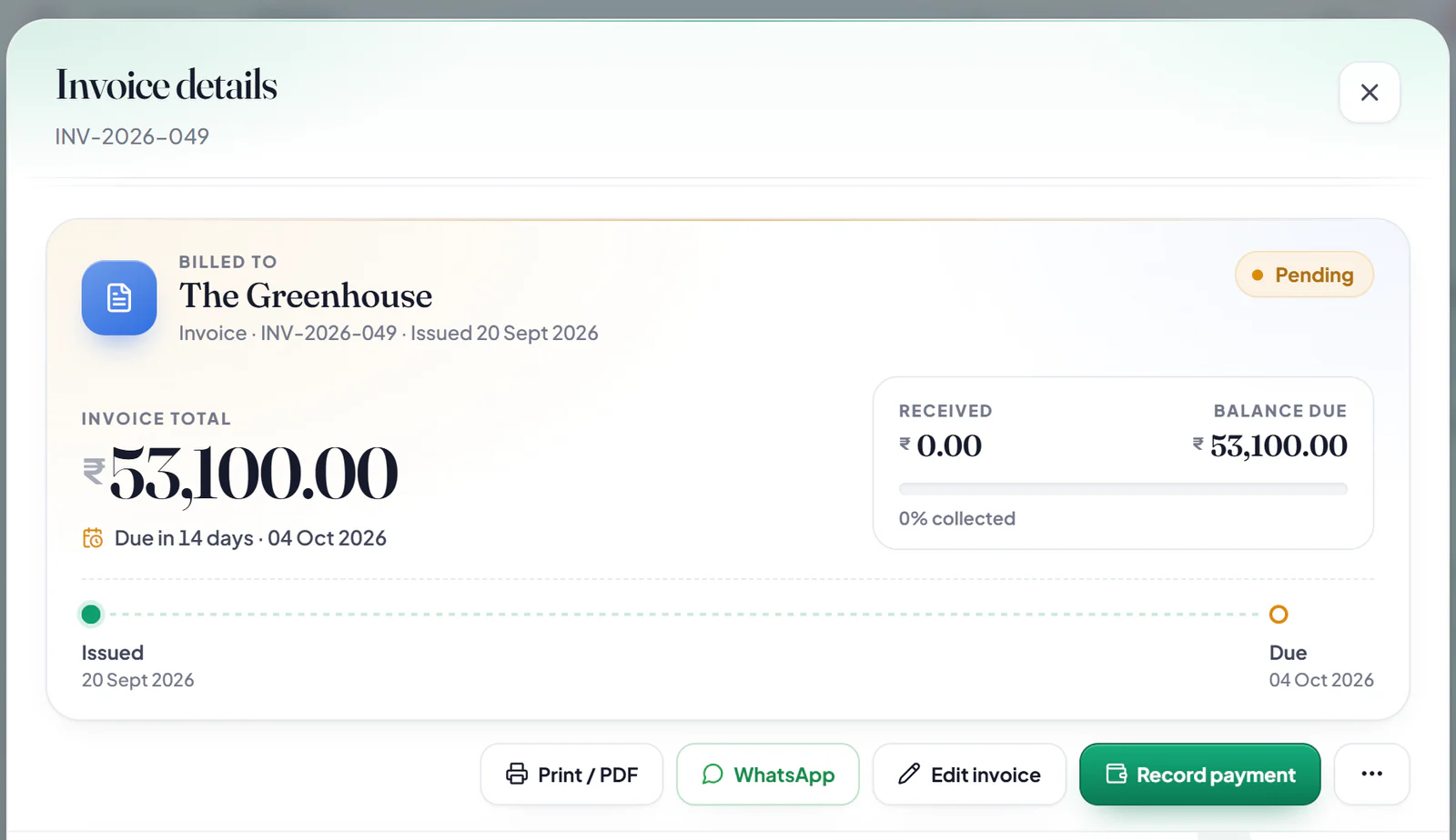 Hisab Time in a browser at hisabtime.com/app: invoice details for INV-2026-049, billed to The Greenhouse, invoice total ₹53,100.00, due in 14 days on 04 Oct 2026, pending.