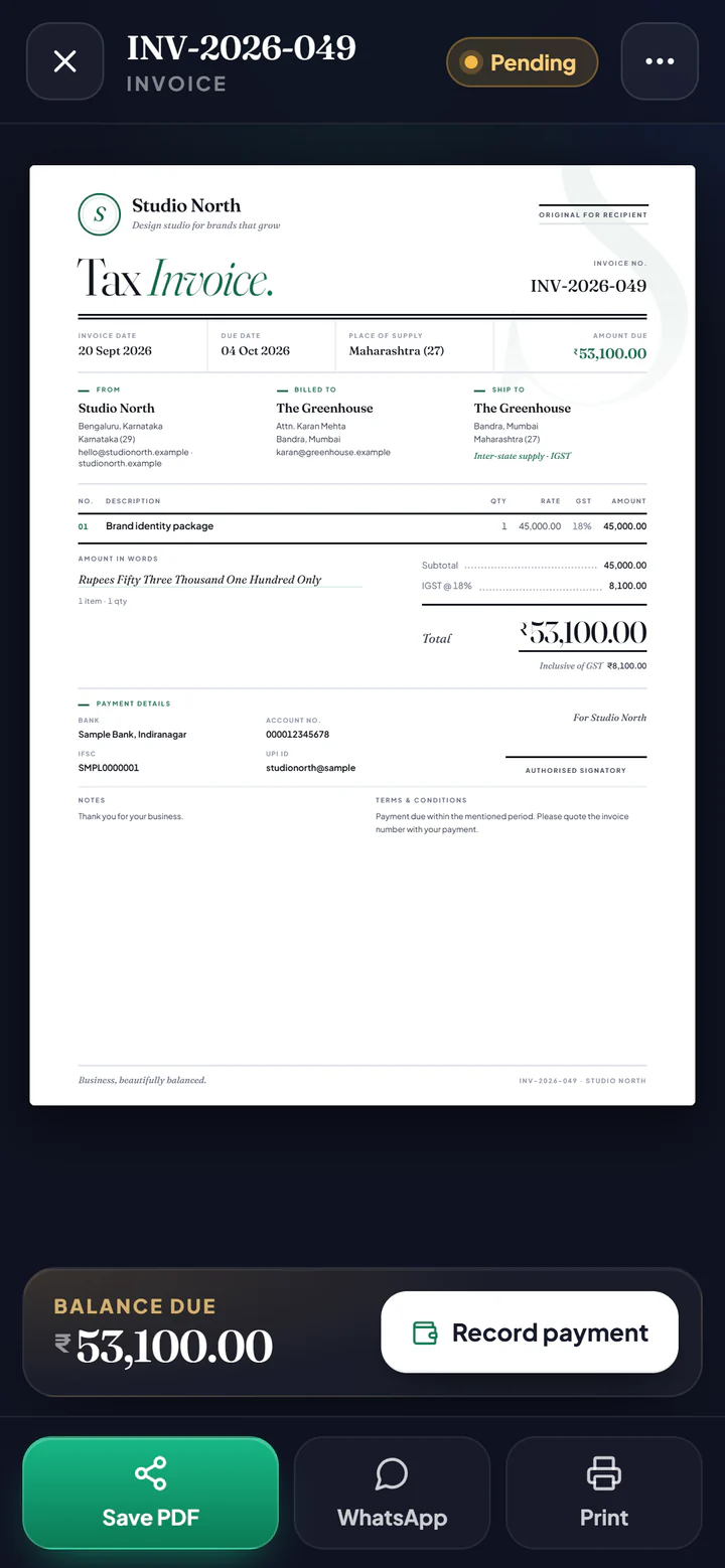 The same invoice INV-2026-049 on the phone, for The Greenhouse, balance due ₹53,100.00, with Save PDF, WhatsApp and Print.