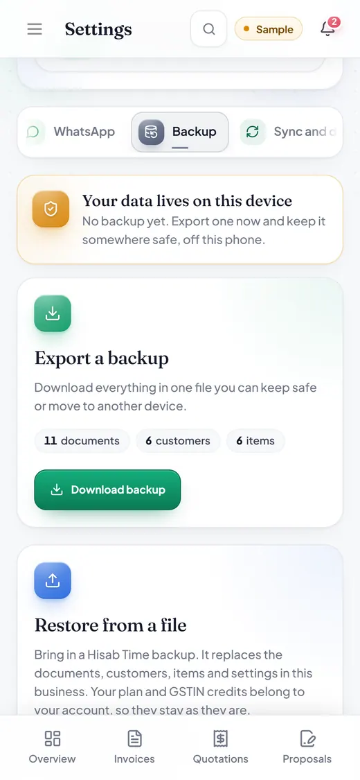 Hisab Time on a phone: Settings, Backup.