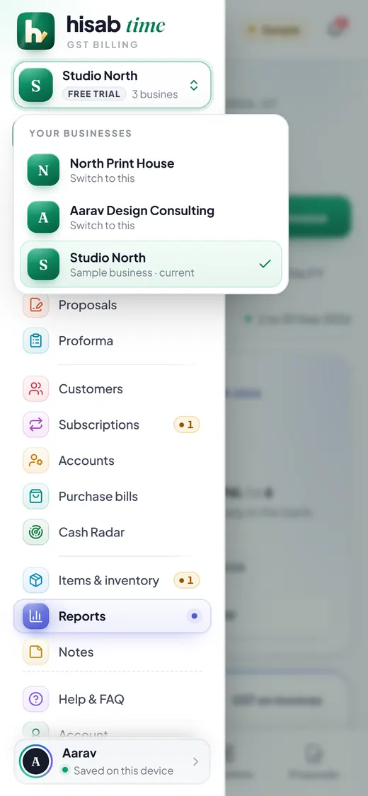 Hisab Time on a phone: the menu with the business switcher open.