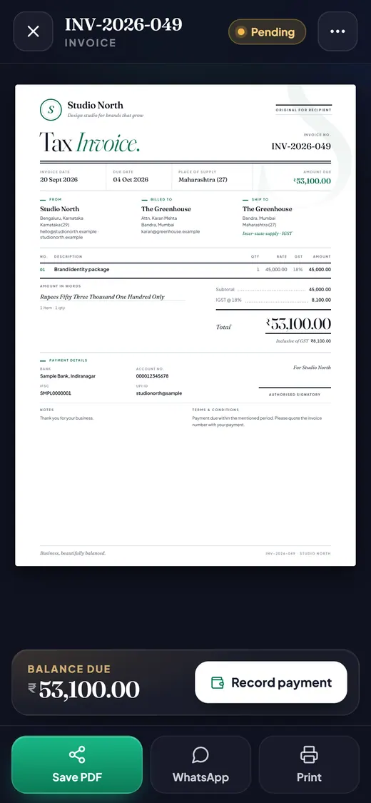 The same deal after Convert to invoice: invoice INV-2026-049, balance due ₹53,100.00.
