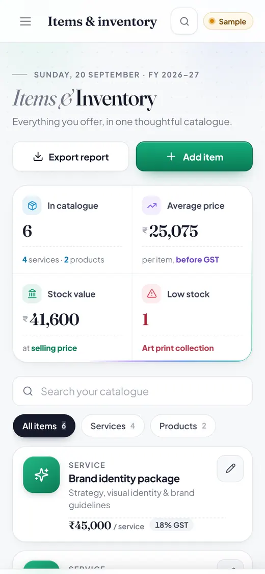 Hisab Time on a phone: Items and inventory.