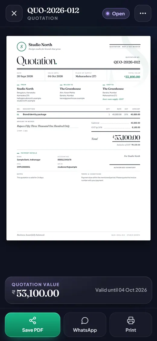 Hisab Time on a phone: quotation QUO-2026-012 for The Greenhouse, ₹53,100.00.