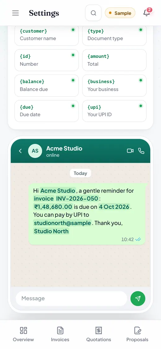 Hisab Time on a phone: Settings, WhatsApp, the message preview.