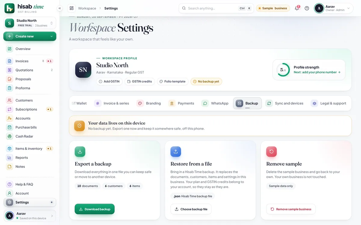 Settings, Backup: export a backup and restore from a file.