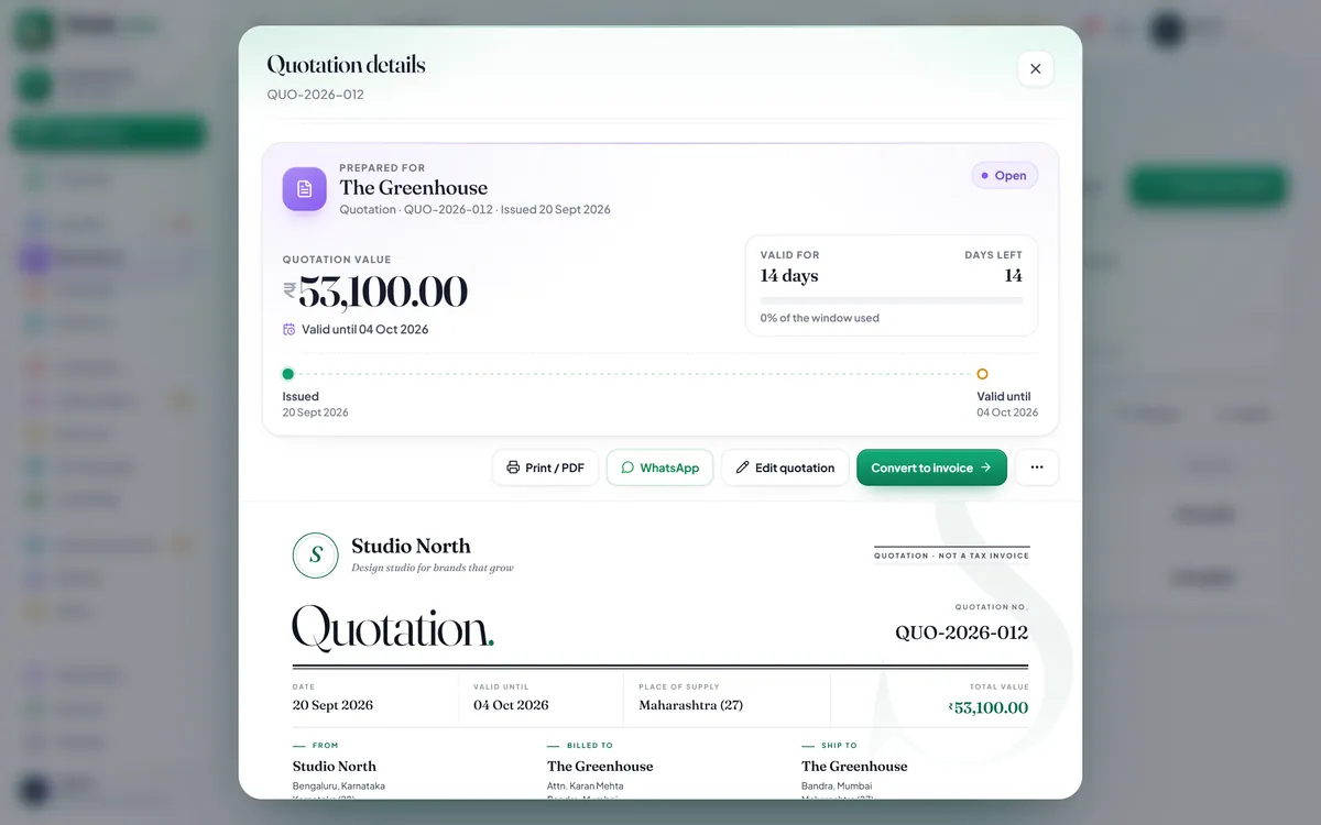Hisab Time in a browser: quotation QUO-2026-012 for The Greenhouse, ₹53,100.00, valid until 04 Oct 2026, with Convert to invoice.