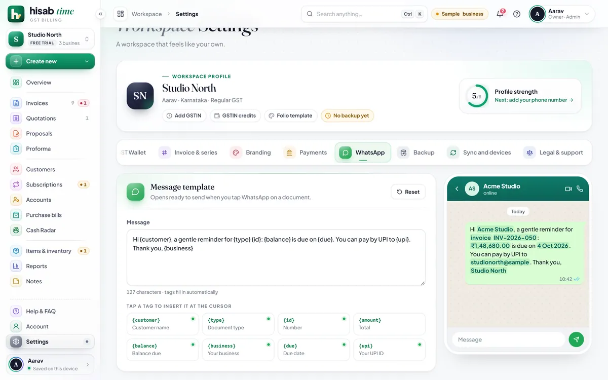 Settings, WhatsApp: the message template with tags, and its preview as Acme Studio will see it.